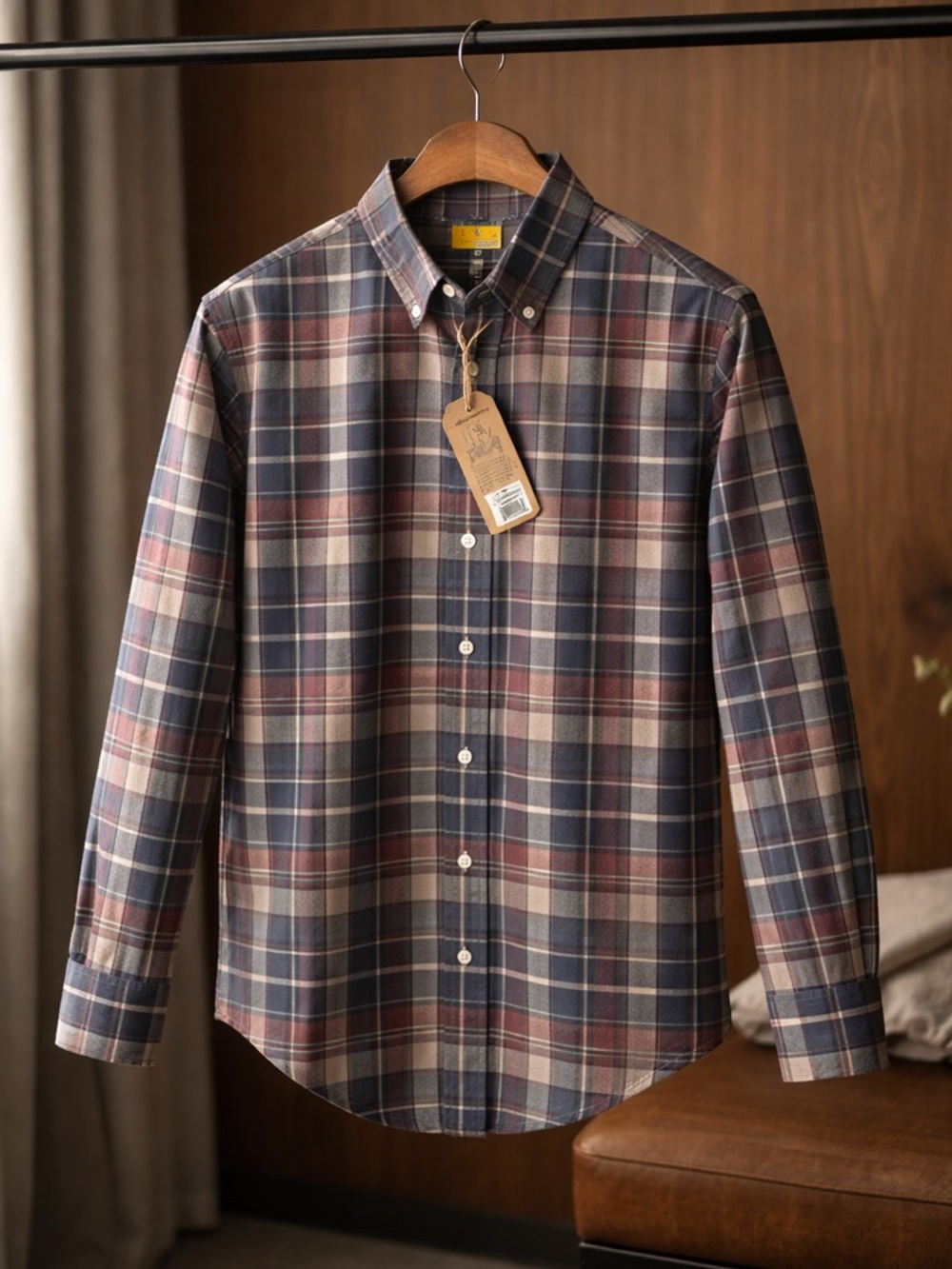 Tailor Vintage Plaid Button-Down Shirt in Navy, Cream, and Red Tones - Picture 3 of 9